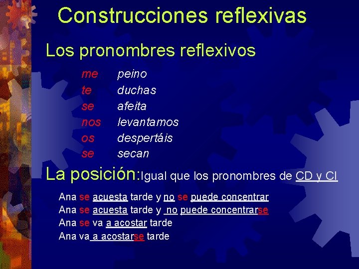 Construcciones reflexivas Los pronombres reflexivos me te se nos os se peino duchas afeita