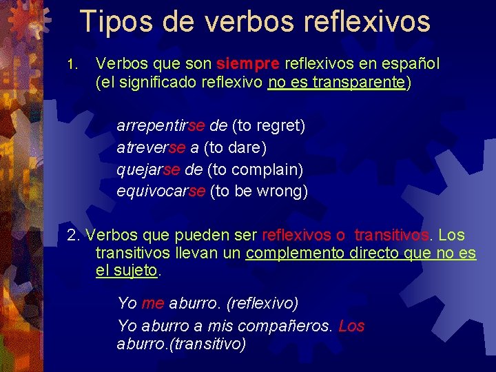 Tipos de verbos reflexivos 1. Verbos que son siempre reflexivos en español (el significado