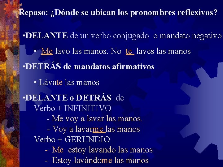 Repaso: ¿Dónde se ubican los pronombres reflexivos? • DELANTE de un verbo conjugado o