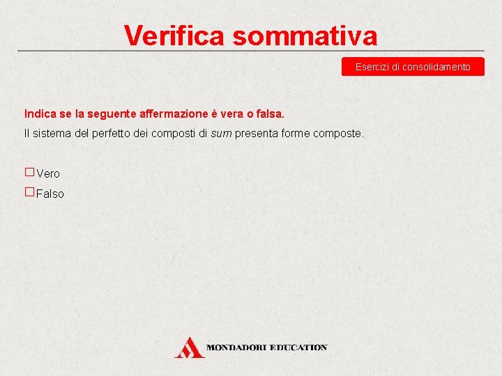 Verifica sommativa Esercizi di consolidamento Indica se la seguente affermazione è vera o falsa.