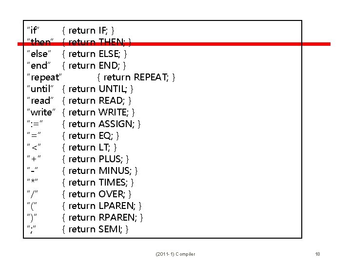 “if” { “then” { “else” { “end” { “repeat” “until” { “read” { “write”