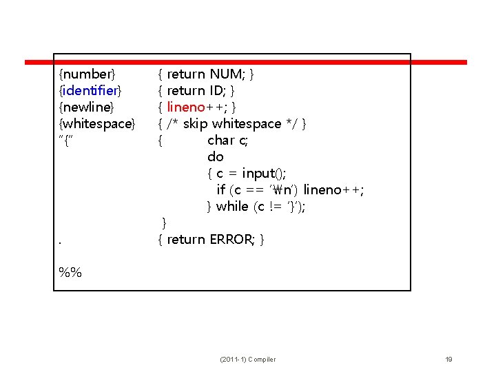 {number} {identifier} {newline} {whitespace} “{” . { { { } return NUM; } return