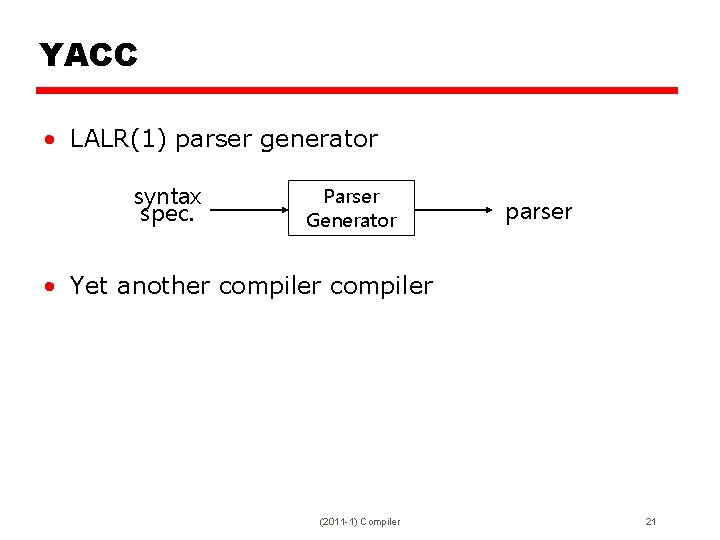 YACC • LALR(1) parser generator syntax spec. Parser Generator parser • Yet another compiler