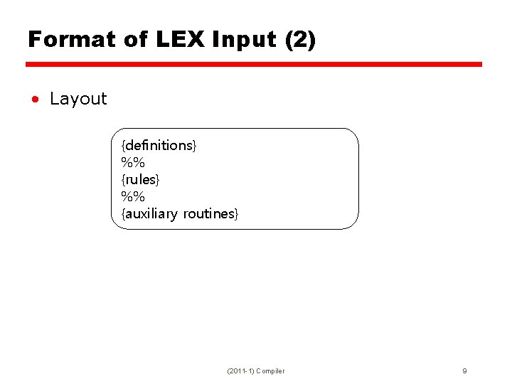 Format of LEX Input (2) • Layout {definitions} %% {rules} %% {auxiliary routines} (2011