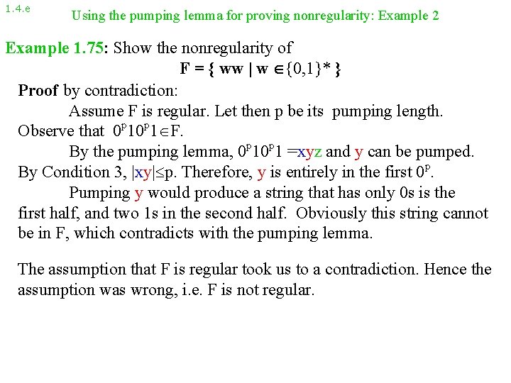 1. 4. e Using the pumping lemma for proving nonregularity: Example 2 Example 1.