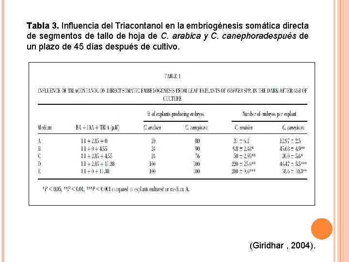 Tabla 3. Influencia del Triacontanol en la embriogénesis somática directa de segmentos de tallo