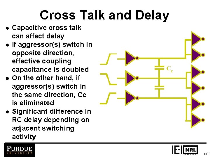 Cross Talk and Delay l l Capacitive cross talk can affect delay If aggressor(s)