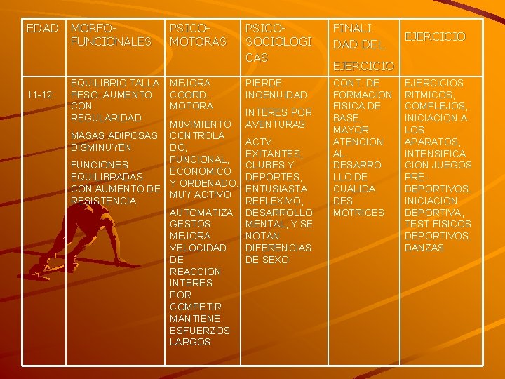 EDAD 11 -12 MORFOFUNCIONALES EQUILIBRIO TALLA PESO, AUMENTO CON REGULARIDAD PSICOMOTORAS MEJORA COORD. MOTORA