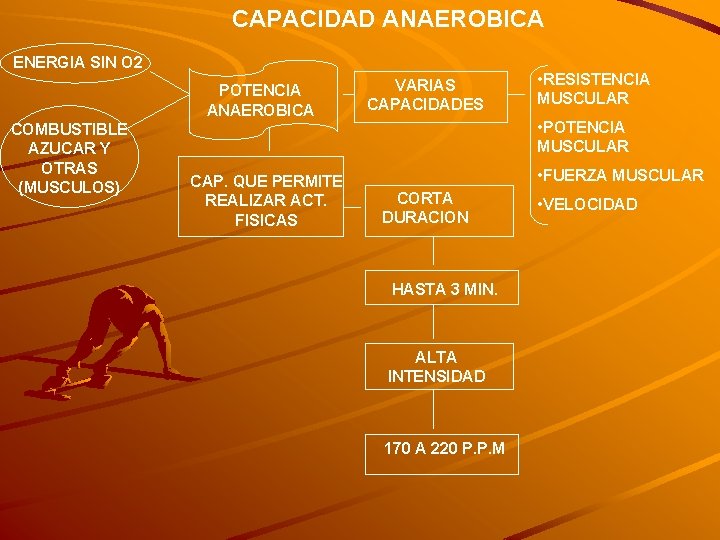 CAPACIDAD ANAEROBICA ENERGIA SIN O 2 POTENCIA ANAEROBICA COMBUSTIBLE AZUCAR Y OTRAS (MUSCULOS) CAP.