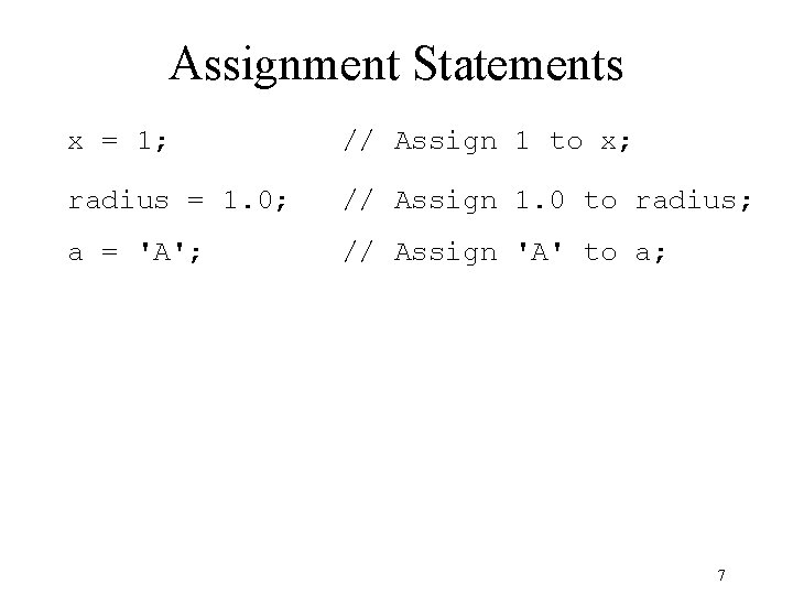 Assignment Statements x = 1; // Assign 1 to x; radius = 1. 0; Assignment Statements x = 1; // Assign 1 to x; radius = 1. 0;