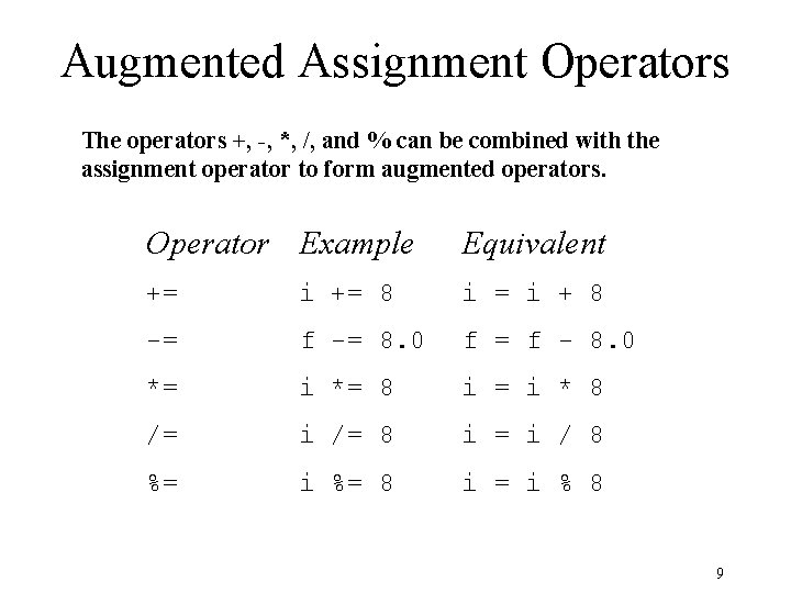 Augmented Assignment Operators The operators +, -, *, /, and % can be combined Augmented Assignment Operators The operators +, -, *, /, and % can be combined