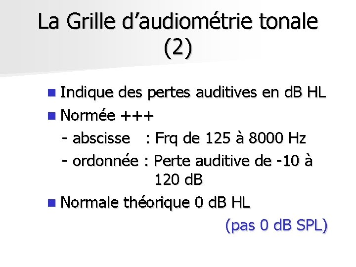 La Grille d’audiométrie tonale (2) n Indique des pertes auditives en d. B HL La Grille d’audiométrie tonale (2) n Indique des pertes auditives en d. B HL