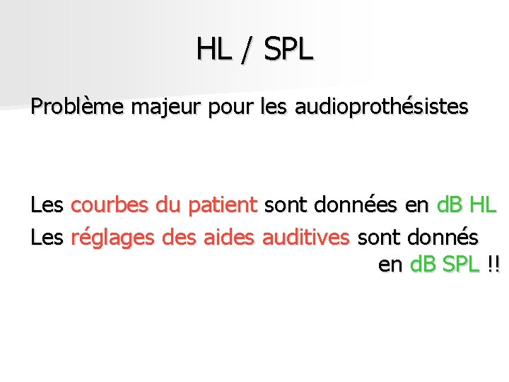 HL / SPL Problème majeur pour les audioprothésistes Les courbes du patient sont données HL / SPL Problème majeur pour les audioprothésistes Les courbes du patient sont données