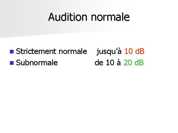 Audition normale n Strictement n Subnormale jusqu’à 10 d. B de 10 à 20 Audition normale n Strictement n Subnormale jusqu’à 10 d. B de 10 à 20