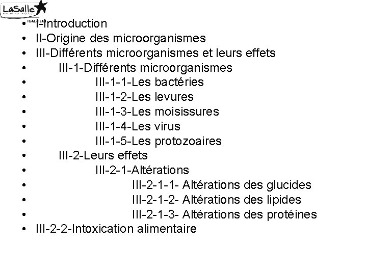  • • • • I-Introduction II-Origine des microorganismes III-Différents microorganismes et leurs effets