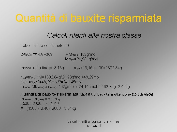 Quantità di bauxite risparmiata Calcoli riferiti alla nostra classe Totale lattine consumate: 99 2 Quantità di bauxite risparmiata Calcoli riferiti alla nostra classe Totale lattine consumate: 99 2