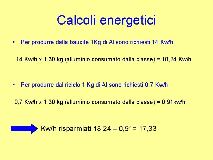 Calcoli energetici • Per produrre dalla bauxite 1 Kg di Al sono richiesti 14 Calcoli energetici • Per produrre dalla bauxite 1 Kg di Al sono richiesti 14