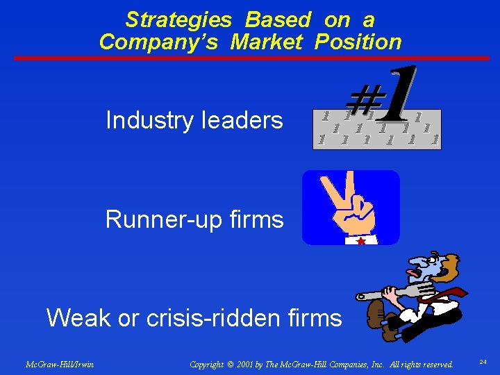Strategies Based on a Company’s Market Position Industry leaders Runner-up firms Weak or crisis-ridden