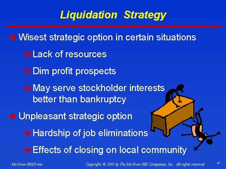 Liquidation Strategy u Wisest strategic option in certain situations è Lack of resources è