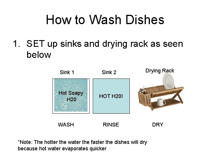 How to Wash Dishes 1. SET up sinks and drying rack as seen below How to Wash Dishes 1. SET up sinks and drying rack as seen below
