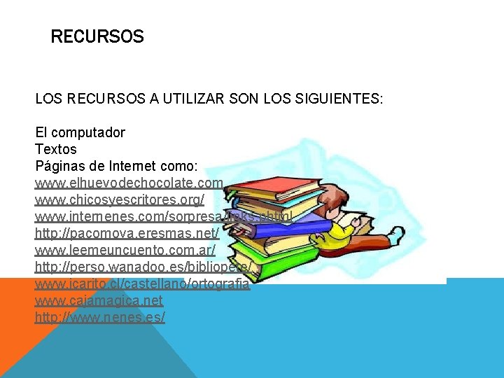 RECURSOS LOS RECURSOS A UTILIZAR SON LOS SIGUIENTES: El computador Textos Páginas de Internet