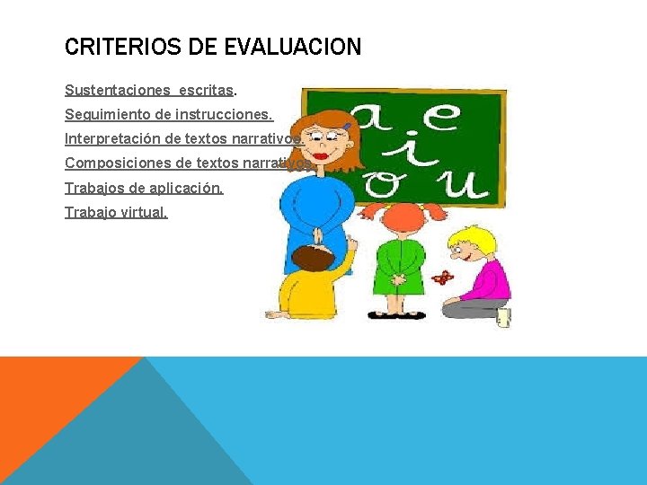 CRITERIOS DE EVALUACION Sustentaciones escritas. Seguimiento de instrucciones. Interpretación de textos narrativos. Composiciones de