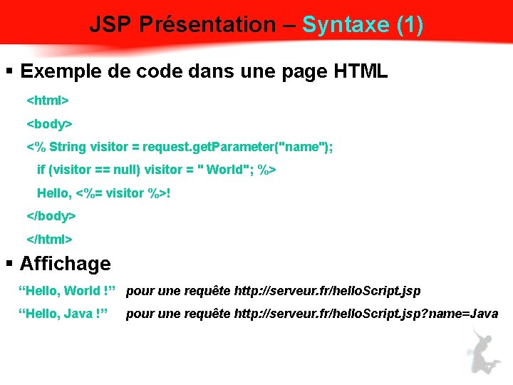 JSP Présentation – Syntaxe (1) § Exemple de code dans une page HTML <html>