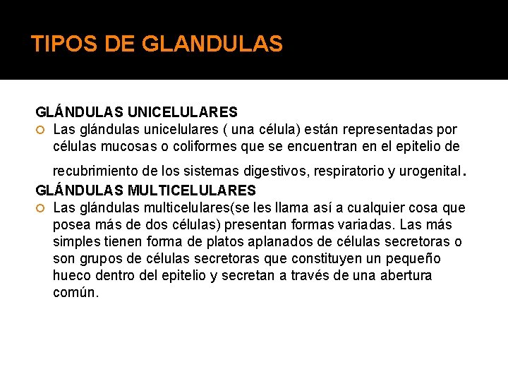 TIPOS DE GLANDULAS GLÁNDULAS UNICELULARES Las glándulas unicelulares ( una célula) están representadas por