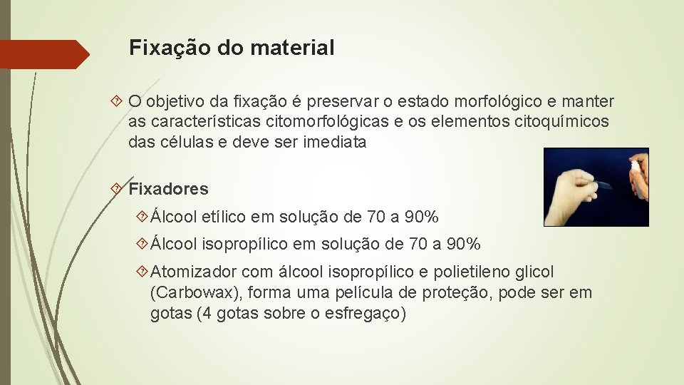 Fixação do material O objetivo da fixação é preservar o estado morfológico e manter