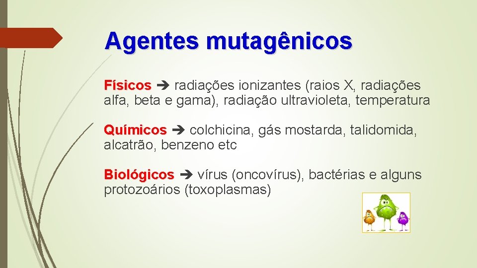 Agentes mutagênicos Físicos radiações ionizantes (raios X, radiações alfa, beta e gama), radiação ultravioleta,