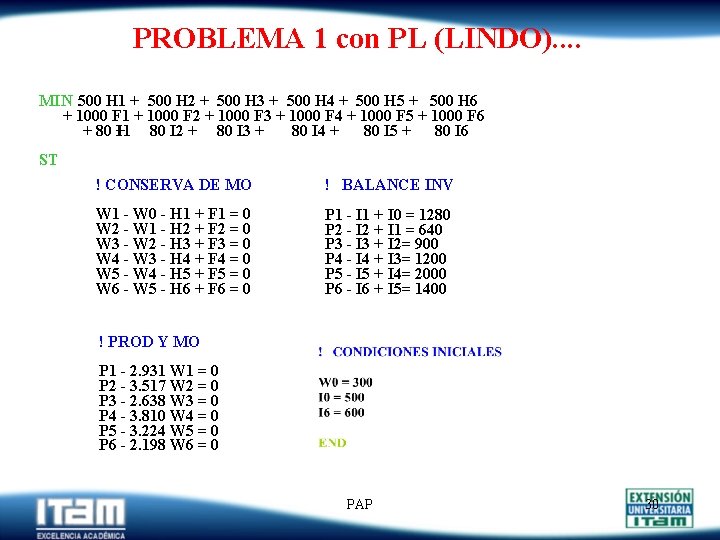 PROBLEMA 1 con PL (LINDO). . MIN 500 H 1 + 500 H 2