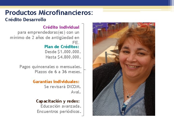 Productos Microfinancieros: Crédito Desarrollo Crédito individual para emprendedoras(es) con un mínimo de 2 años
