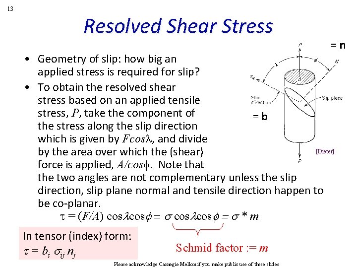 13 Resolved Shear Stress = n • Geometry of slip: how big an applied 13 Resolved Shear Stress = n • Geometry of slip: how big an applied