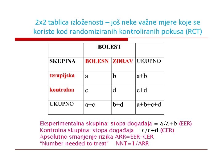 2 x 2 tablica izloženosti – još neke važne mjere koje se koriste kod