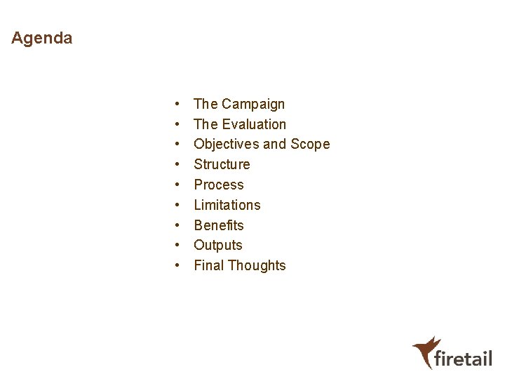 Agenda • • • The Campaign The Evaluation Objectives and Scope Structure Process Limitations Agenda • • • The Campaign The Evaluation Objectives and Scope Structure Process Limitations
