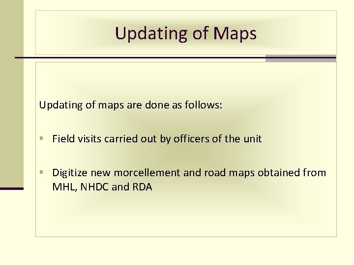 Updating of Maps Updating of maps are done as follows: § Field visits carried