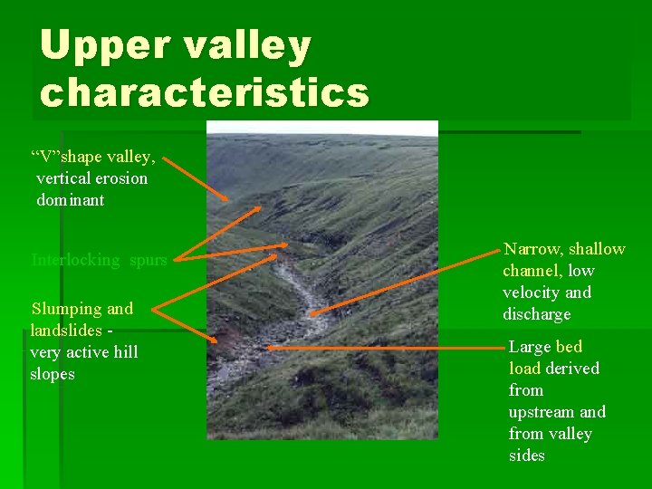 Upper valley characteristics “V”shape valley, vertical erosion dominant Interlocking spurs Slumping and landslides very