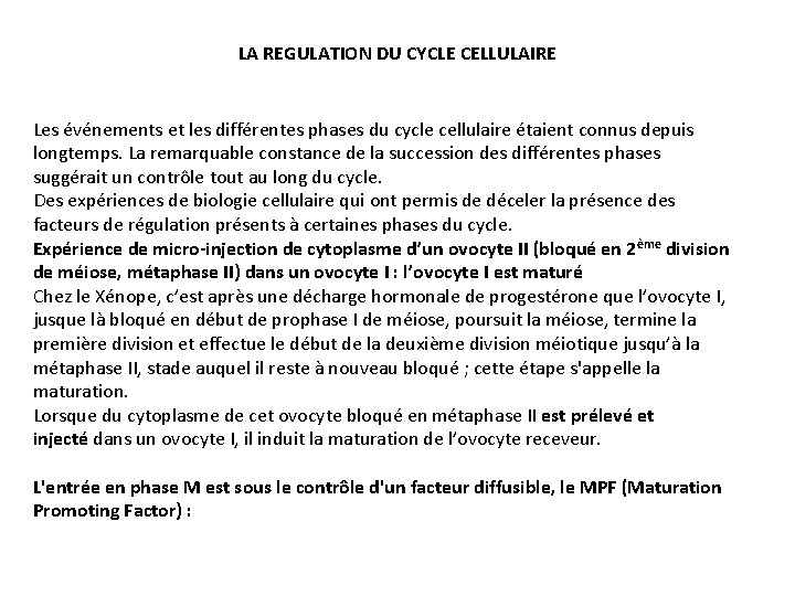 LA REGULATION DU CYCLE CELLULAIRE Les événements et les différentes phases du cycle cellulaire