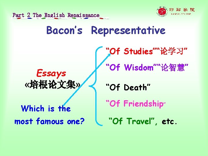 Part 2 The English Renaissance Bacon’s Representative “Of Studies”“论学习” Essays «培根论文集» Which is the