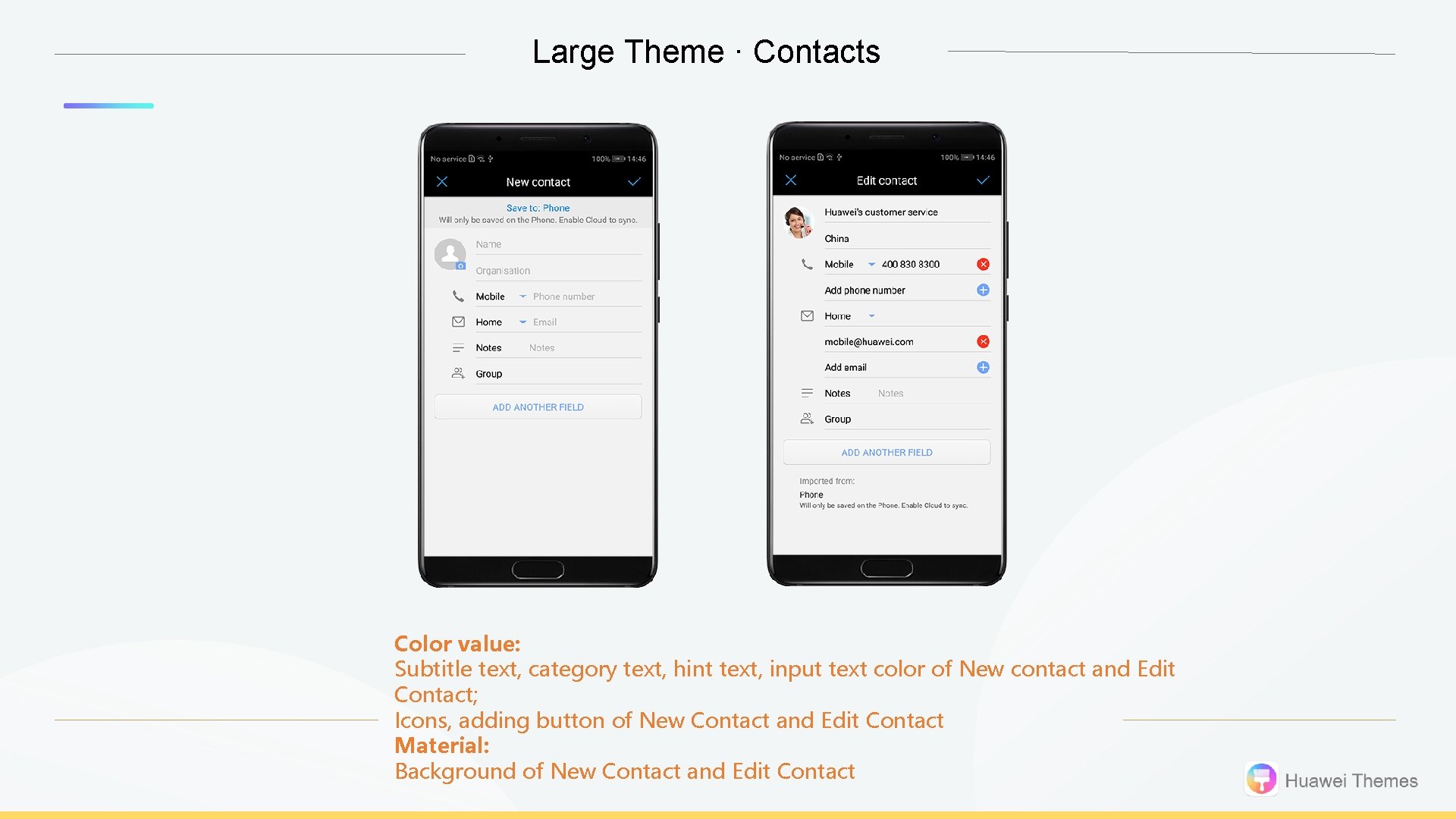 Large Theme · Contacts Color value: Subtitle text, category text, hint text, input text