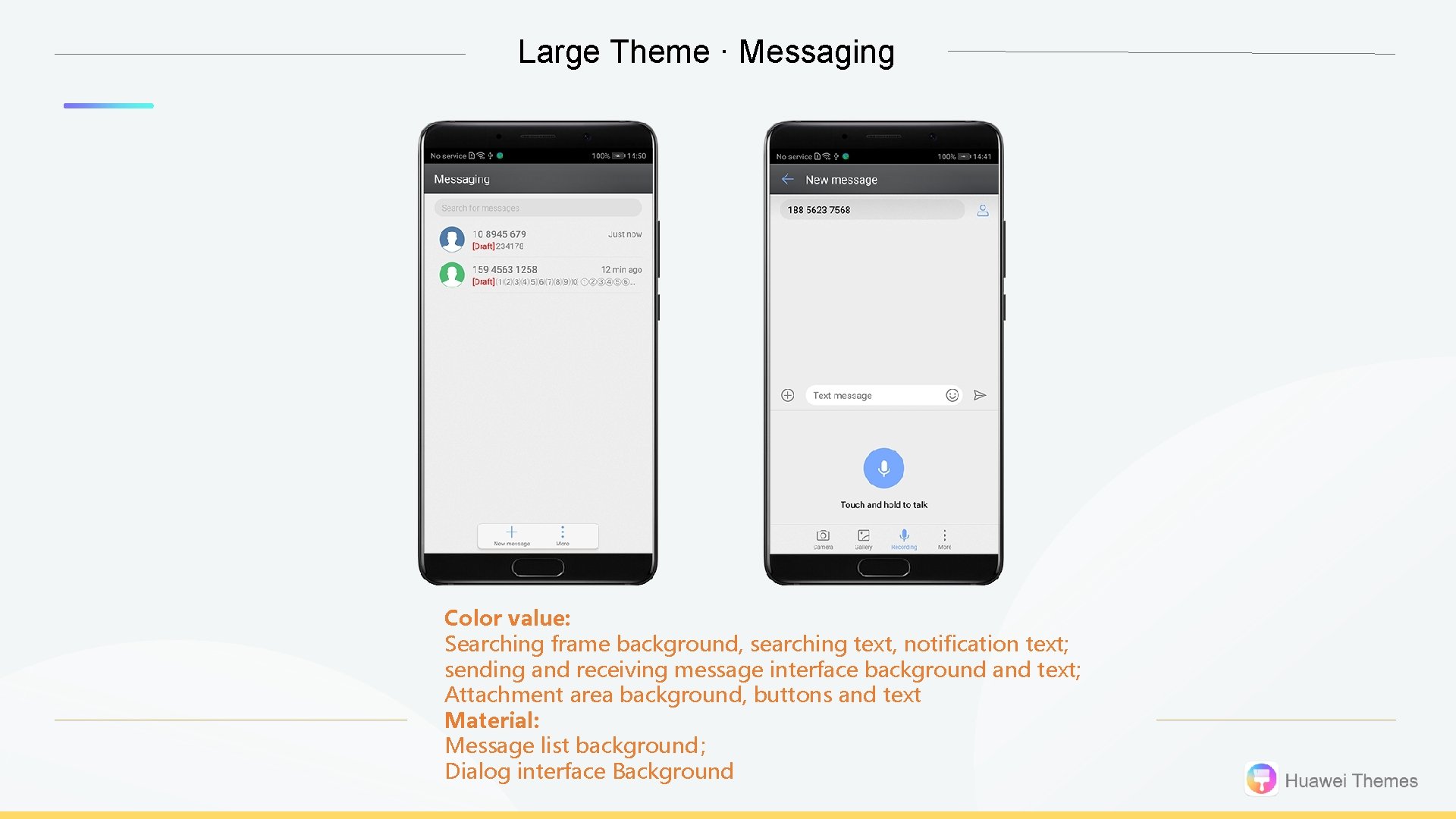 Large Theme · Messaging Color value: Searching frame background, searching text, notification text; sending