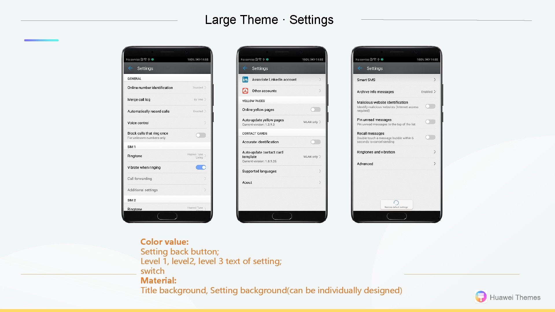 Large Theme · Settings Color value: Setting back button; Level 1, level 2, level