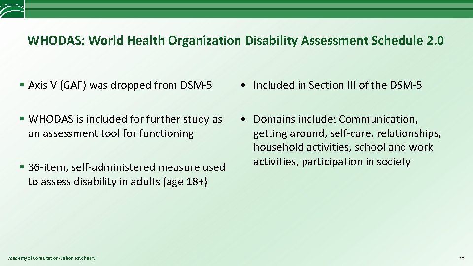 WHODAS: World Health Organization Disability Assessment Schedule 2. 0 § Axis V (GAF) was