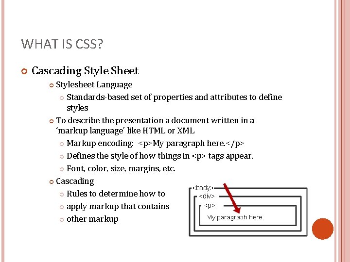 WHAT IS CSS? Cascading Style Sheet Stylesheet Language Standards-based set of properties and attributes