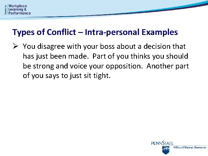 Types of Conflict – Intra-personal Examples Ø You disagree with your boss about a Types of Conflict – Intra-personal Examples Ø You disagree with your boss about a