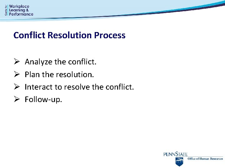 Conflict Resolution Process Ø Ø Analyze the conflict. Plan the resolution. Interact to resolve Conflict Resolution Process Ø Ø Analyze the conflict. Plan the resolution. Interact to resolve