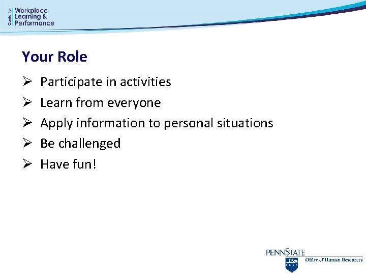 Your Role Ø Ø Ø Participate in activities Learn from everyone Apply information to Your Role Ø Ø Ø Participate in activities Learn from everyone Apply information to