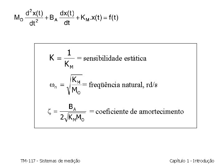= sensibilidade estática = freqüência natural, rd/s = coeficiente de amortecimento TM-117 - Sistemas = sensibilidade estática = freqüência natural, rd/s = coeficiente de amortecimento TM-117 - Sistemas