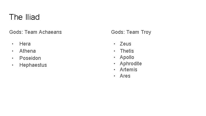 The Iliad Gods: Team Achaeans • • Hera Athena Poseidon Hephaestus Gods: Team Troy