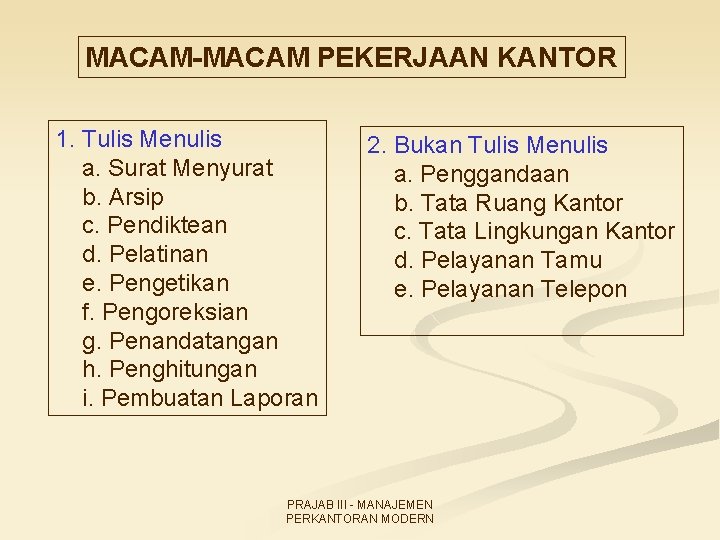 MACAM-MACAM PEKERJAAN KANTOR 1. Tulis Menulis a. Surat Menyurat b. Arsip c. Pendiktean d.